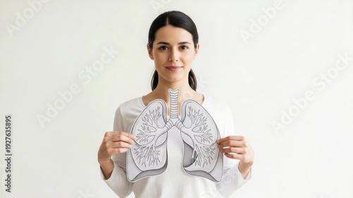 Young Woman Holding Lung Diagram Indoors Against White Background Respiratory Health Awareness Use For Medical Education Promoting Healthy Breathing