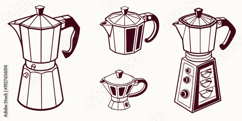 A variety of kitchen appliances including a coffee maker, kettle, and mixer. Vector