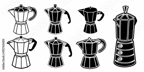 A collection of different types of coffee makers and espresso machines in black and white. Vector