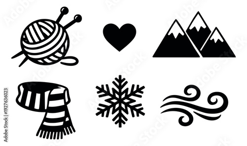 Monochromatic line art winter symbols set featuring a yarn ball with knitting needles, a heart, mountains, a scarf, a snowflake, and a wind swirl for seasonal design projects
