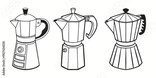 Three different types of coffee makers illustrated in a simple line drawing style Vector