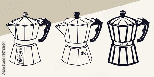Three different types of stovetop espresso makers lined up next to each other Vector