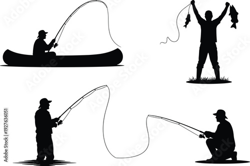Fishing silhouette set with angler in boat catching fish, outdoor hobby activity black vector illustration collection isolated