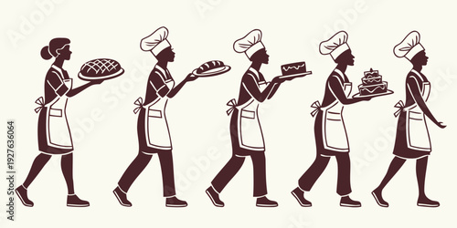 A sequence of chefs in white hats and aprons walking in a line, each holding a ladle. Vector