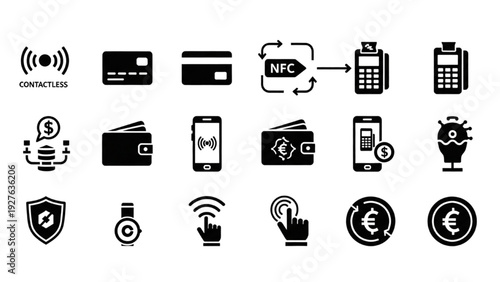 Vector Icon Sheet Illustrating Financial Transactions and Online Payment Methods with Credit Cards and Mobile Devices