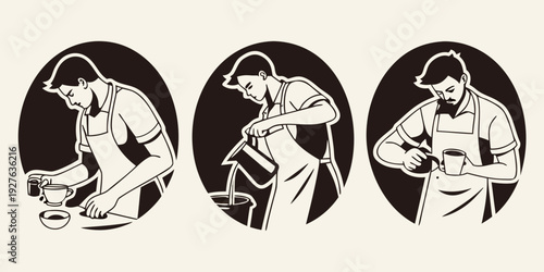 Three women engaged in various activities within circular frames. Vector