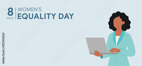 Strong woman with laptop in the blue suite. Pastel happy women's day illustrator background. Flat design style background.
