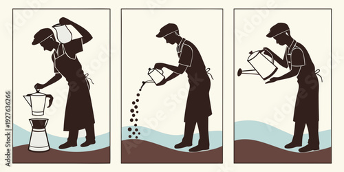 Three individuals performing different activities with buckets and water Vector