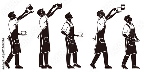 A sequence of illustrations depicting a person walking with a cane. Vector