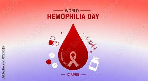 World hemophilia day awareness graphic with red blood drop and medical symbols on gradient background