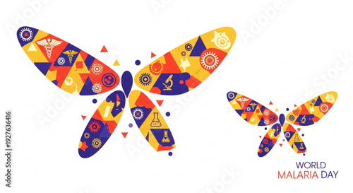 Vibrant butterfly illustrations for world malaria day awareness with colorful patterns and symbols on white background