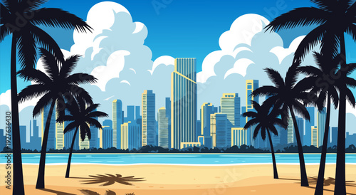 vector illustration aerial view of beach palm skyline vacation coastal urban natural contrast illustration