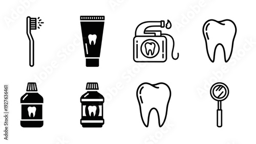 Dental care Vector Icon Sheet illustrating oral hygiene tools and tooth examination