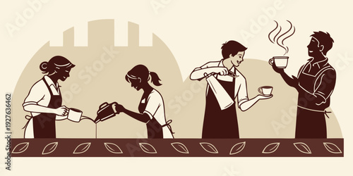 People working together to build a structure in a rural setting. Vector