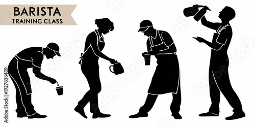 A sequence of images showing a person performing a barista task. Vector
