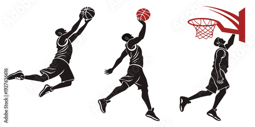 Basketball players in action performing a slam dunk over a basketball hoop Vector