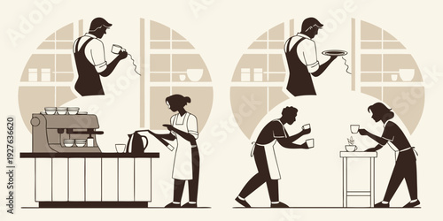 A bustling office scene with diverse individuals engaged in various tasks Vector