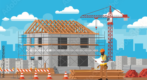 Cheerful vector illustration of construction site with crane, worker, bricks, house build