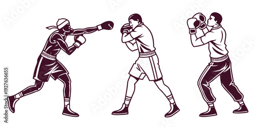 Three individuals engaged in a boxing match, each wearing gloves and protective gear. Vector