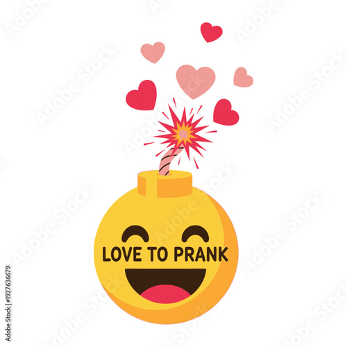 A playful emoji bomb with hearts and a cheerful prank message exploding above it
