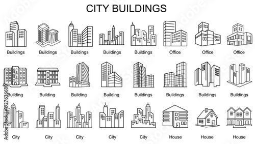 City Buildings Icon Set With Buildings,City,Office,House