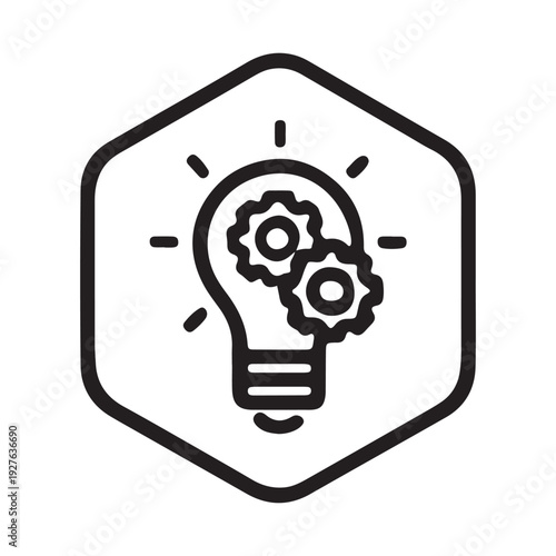 A black and white illustration of a lightbulb with gears inside a hexagon