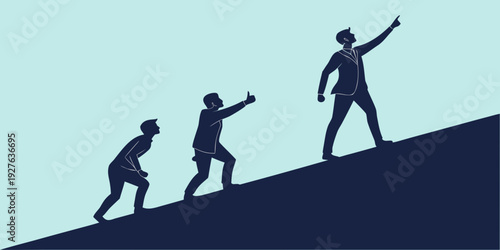 Three figures ascending a steep incline, symbolizing growth and progression. Vector