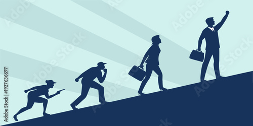 Illustration of diverse individuals climbing a hill representing career progression. Vector