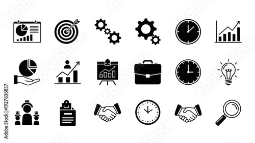Business Strategy Vector Icon Sheet Featuring Clock, Gear, and Chart Icons