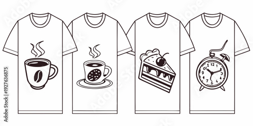 Four white t-shirts with unique black and white illustrations of coffee, tea, and hot chocolate Vector