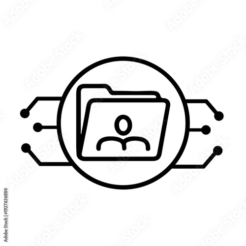 A simple black and white icon of a person's file folder connected to circuit lines