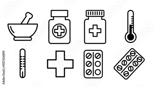 Medical Icon Sheet Featuring Medicine, Healthcare, Hospital, Treatment, and Medication Vector Symbols