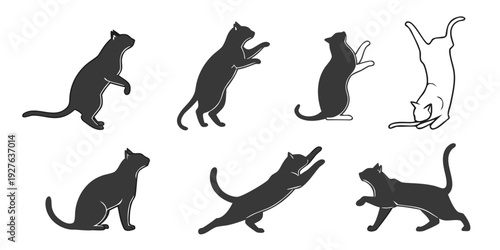 Eight black silhouettes of cats in various playful and relaxed poses. Vector