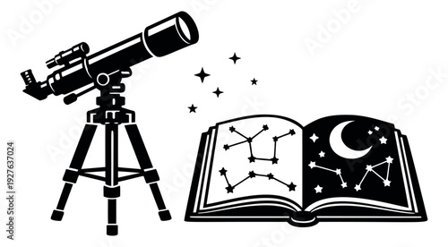 Line art illustration of a telescope and an open book depicting celestial exploration for astronomy education