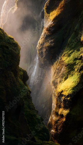 Icelandic waterfall cascades down a mountain serene nature scene bathed in soft sunlight and misty atmosphere