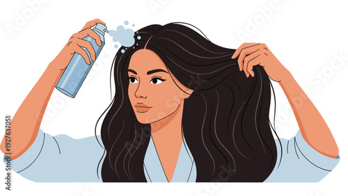 Young attractive woman applies dry shampoo spray to the roots of her long dark hair to maintain freshness and volume during her daily routine.