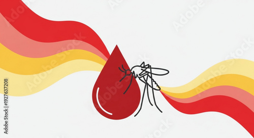 Mosquito feeding on a blood drop with flowing red and yellow stream