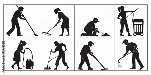 A series of black and white illustrations depicting various gardening activities Vector
