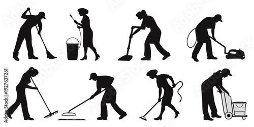 Diverse silhouettes of people engaged in various gardening activities Vector
