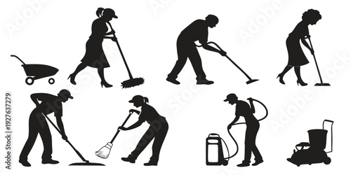 A series of silhouettes depicting the evolution of human posture and tool use over time Vector