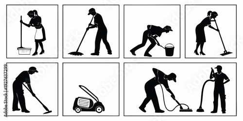 Illustrations of various exercises and stretches performed by a person Vector