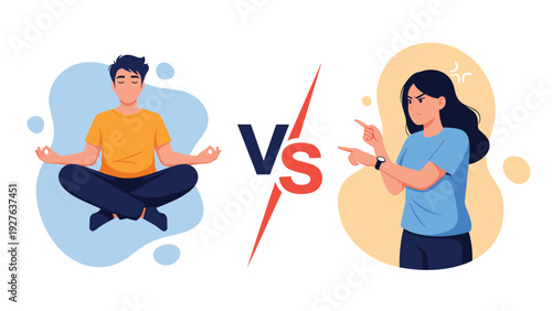 Comparison illustration shows a calm man practicing yoga meditation versus an angry woman shouting and pointing her finger in frustration.
