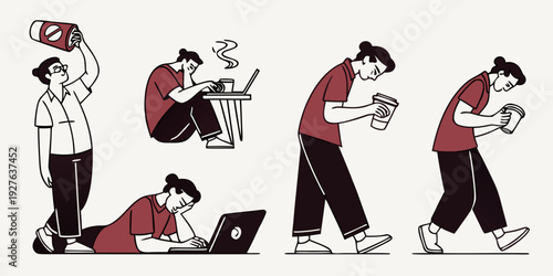 A series of illustrations depicting people engaged in various activities. Vector