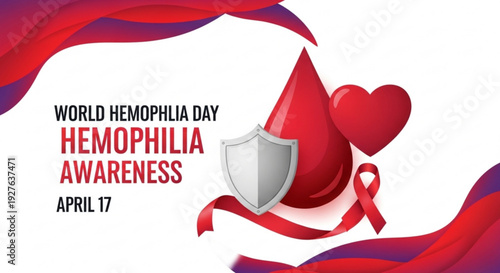 World hemophilia day awareness poster with red blood drop heart shield and ribbon on white background