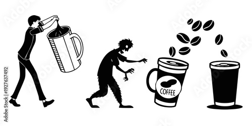 A person is depicted in three stages of making coffee, from carrying beans to brewing. Vector