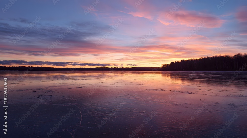 Obraz premium Serene winter sunset paints a frozen lake in warm golden pink hues reflecting tranquil beauty