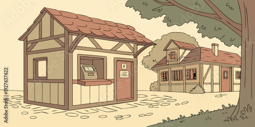 A quaint village scene with traditional houses and a cobblestone street Vector