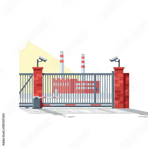Modern Industrial Facility Entrance with Security Gate and Fencing