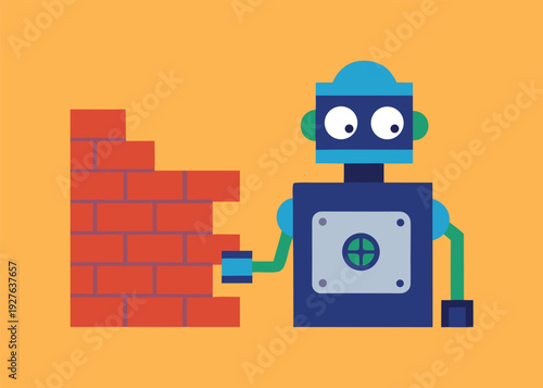 A dark blue robot with a safe panel holds a red brick next to a red brick wall on an orange background.
