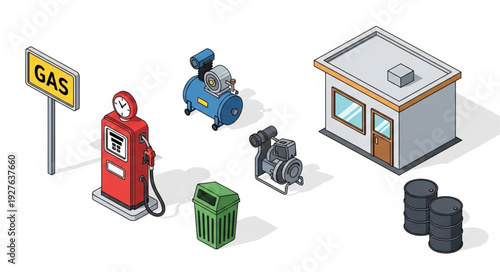 Gas station scene featuring a fuel pump, sign, and various equipment, isometric view.